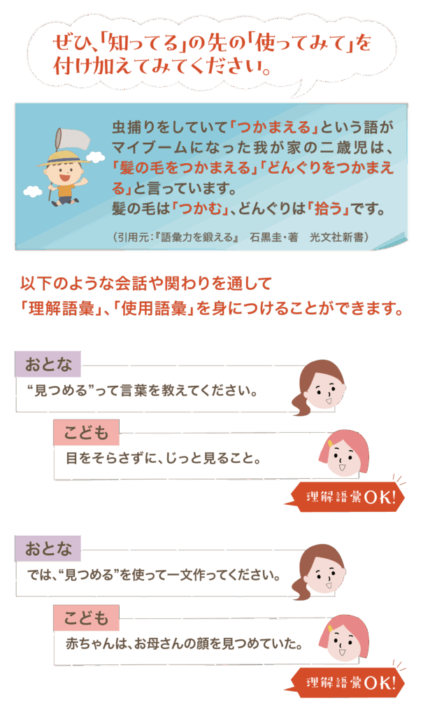ぜひ、「知ってる」の先の「使ってみて」を付け加えてみてください。虫捕りをしていて「つかまえる」という語がマイブームになった我が家の二歳児は、「髪の毛をつかまえる」「どんぐりをつかまえる」と言っています。髪の毛は「つかむ」、どんぐりは「拾う」です。