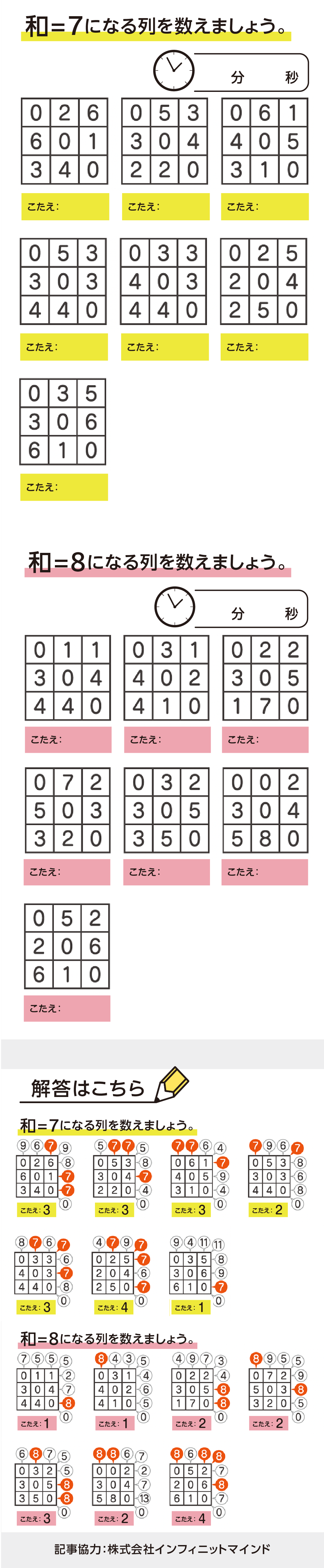 【問題】和=7になる列を数えましょう。和=8になる列を数えましょう。