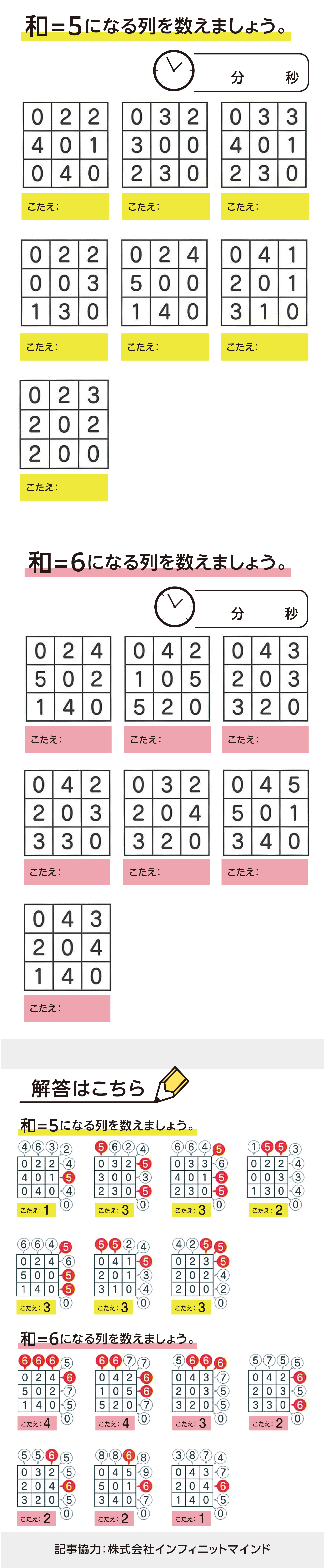 【問題】和＝5になる列を数えましょう。和＝6になる列を数えましょう。